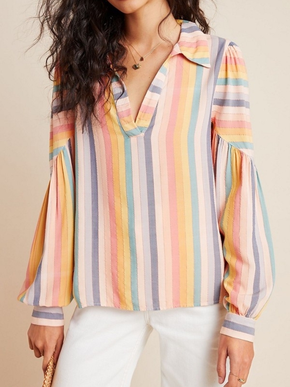 Anthropologie Amadi Rainbow Stripe Balloon Sleeve Blouse XS NWT